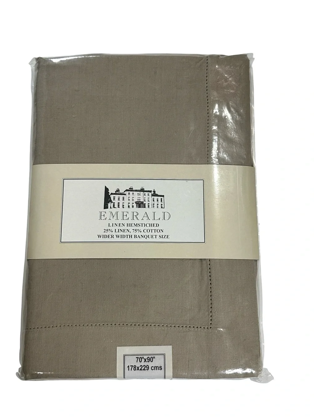 Emerald Linens Taupe Hemstitched Linen Cotton Tablecloth 70x90 Banquet Size NIP